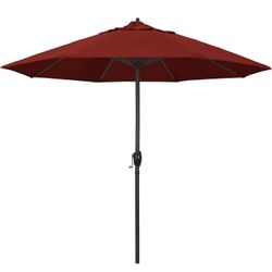 California Umbrella 9' Rd Aluminum Patio Umbrella, Crank Lift, Auto Tilt, Black Finish, Sunbrella Jockey Red  Color: Jockey Red  Fabric: Sunbrella 100