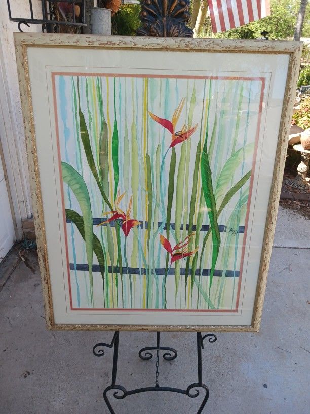 SALE Large Framed Signed Watercolor Birds Of Paradise Painting Collectibles & Art