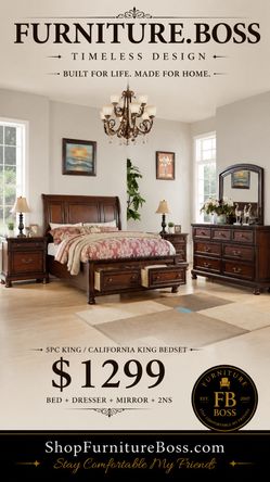 5pc California King Size Bed + 2 Nightstands + Dresser + Mirror