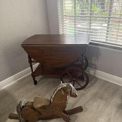 Rustic Wooden Drop-Leaf Table + Handmade Rocking Horse – Perfect for Baby Shower or Nursery Decor