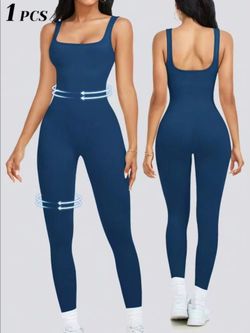 Womens Workout Rompers Jumpsuits Seamless Ribbed Yoga Gym One Piece Sleeveless Square Neck Tank Top Leggings Unitard