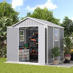 Resin Storage Shed 8 x 6 FT, Outdoor Garden Sheds with Floor Plastic Patio Outdoor Storage Shed with Lockable Door,