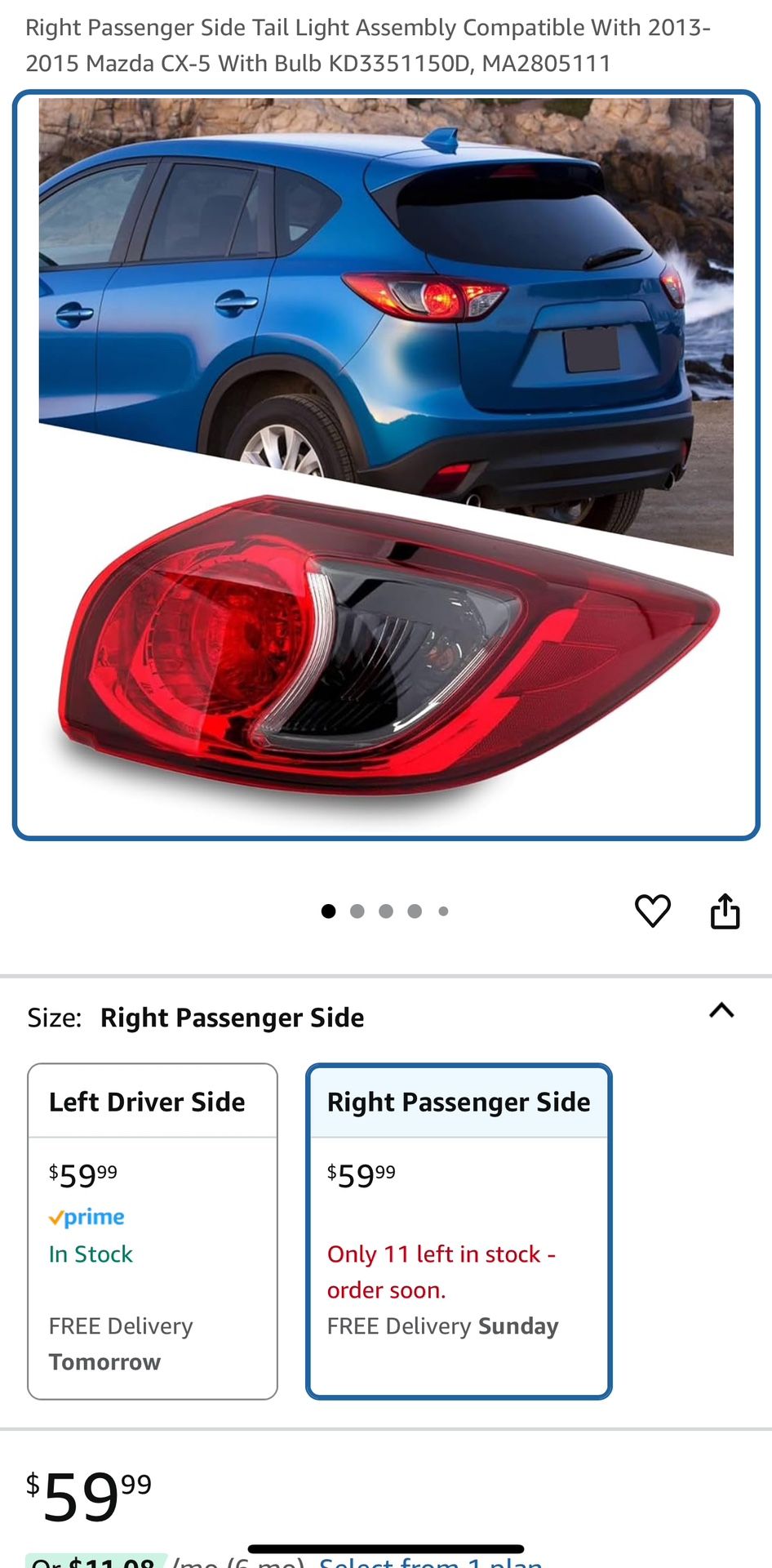 Right Passenger Side Tail Light Assembly Compatible With 2013-2015 Mazda CX-5