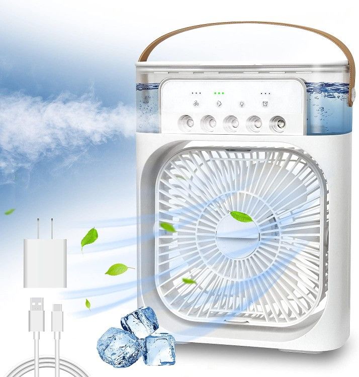 Portable Air Conditioner Fan, Mini Evaporative Air Cooler with 7 Colors LED Light, 1/2/3 H Timer, 3 Wind Speeds and 3 Spray Modes for Your Desk, Night