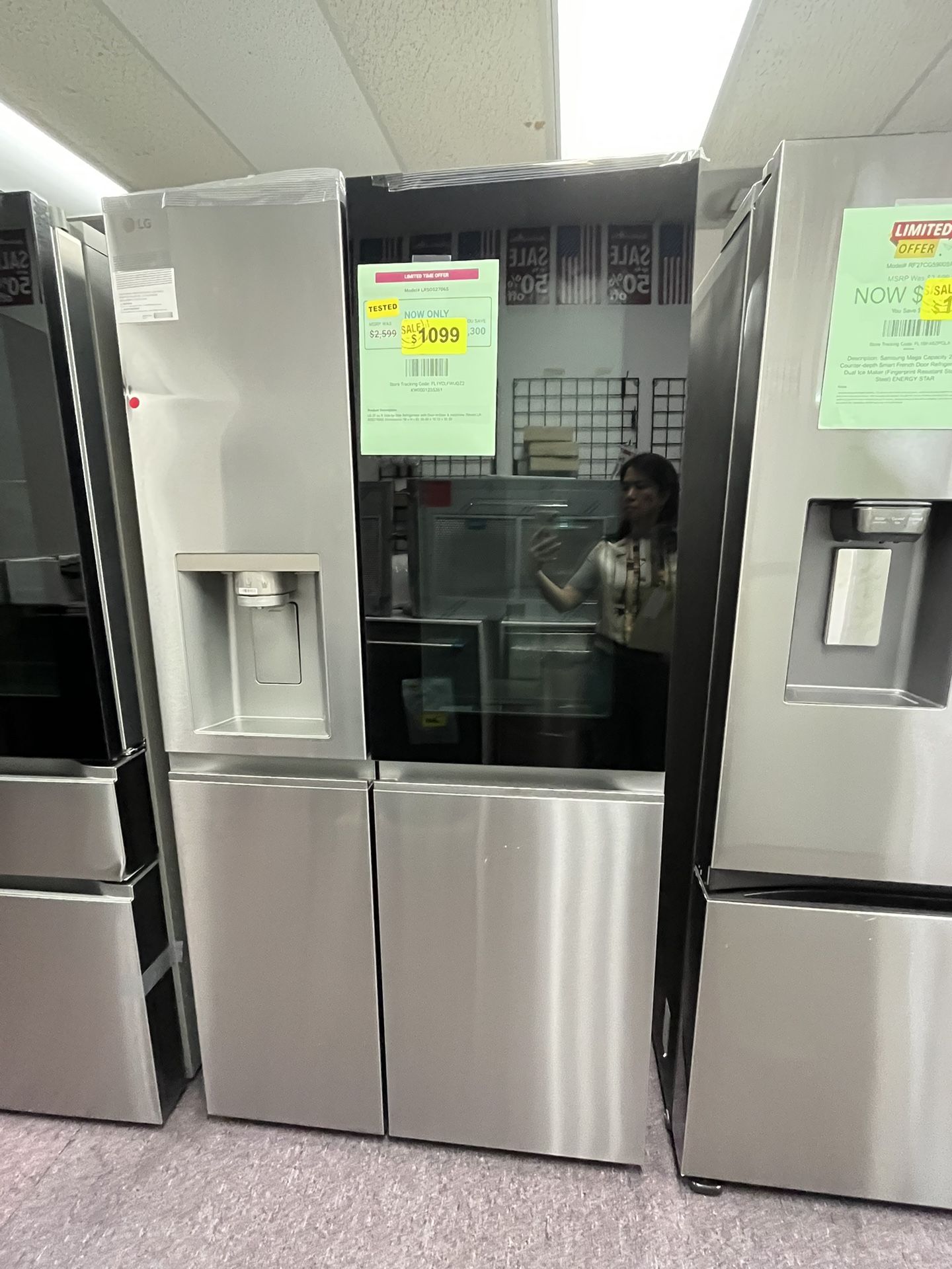 36’ Refrigerator Side By Side Stainless Steel With Glass Smart Window W/ Water Ice