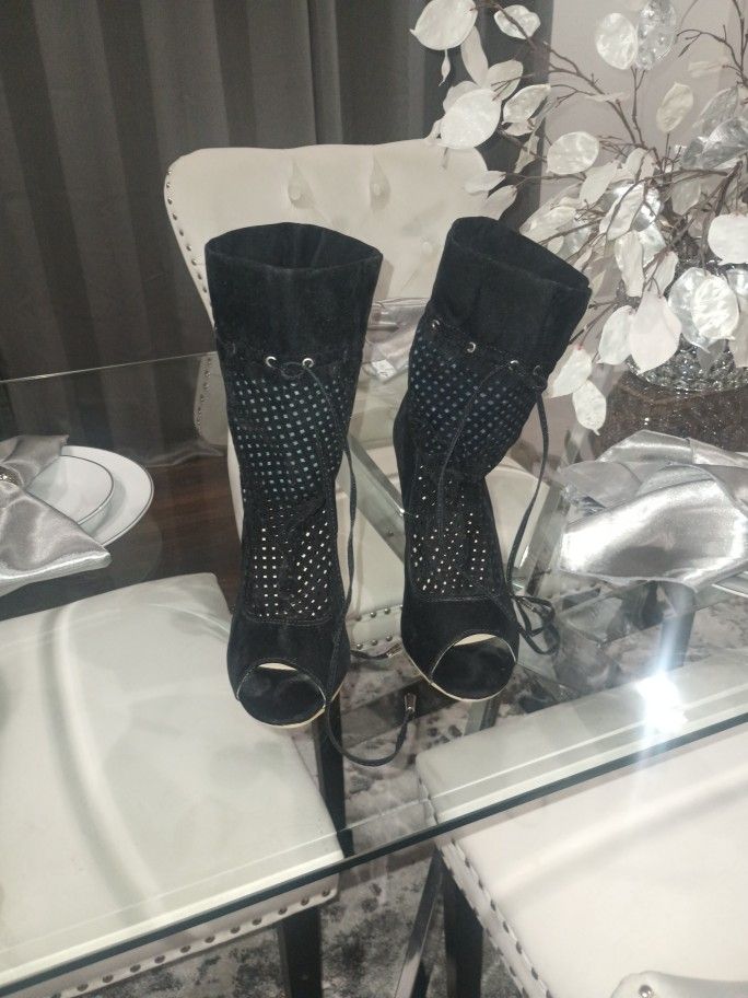 Black Mid Calf Pull String Heel