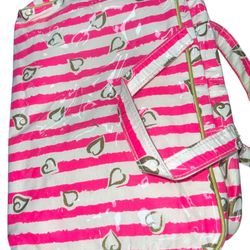 Stylish tote bag with pink and white stripes. Features a charming heart pattern. Perfect for everyday use.  Vintage Victoria’s Secret make up bag  Pin