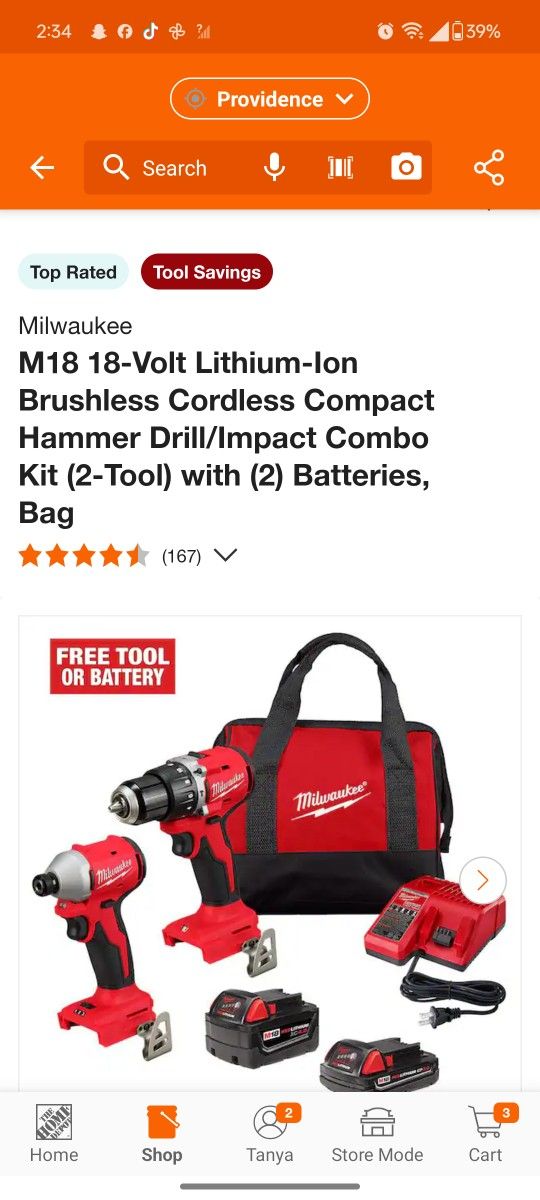 Milwaukee M18-18V Lithium Ion Brushless Cordless Compact Hammer/Impact Drill Combo Kit