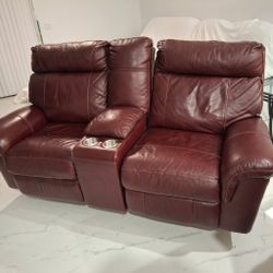Leather Reclining Loveseat, Burgundy Color 