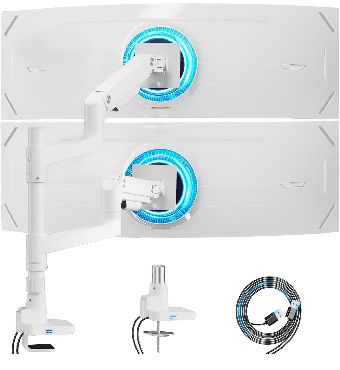 ARES WING Dual Monitor Arm for Ultrawide Heavy Duty Curved Monitor Stacking, Fits 17-49 Inch, Vertical Gas Spring Double Monitor Mount with USB, Adjus