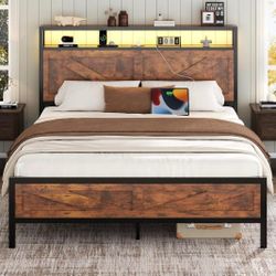 Full Size Bed Frame with LED Lights and Charging Station, Metal Platform Bed Frame Full with Storage Headboard, Farmhouse Barn Doors Design, No Box Sp