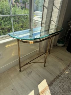Brass side table console credenza glass top