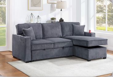 Convertible Sectional Reversible Storage Chaise W/ Cup Holder & USB & USB-C Port