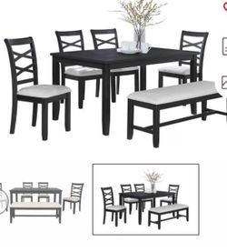 Dining table set with chairs and bench