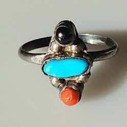 Vintage Sterling Silver Turquoise, Onyx, and Coral Ring, Sz. 10 1/2