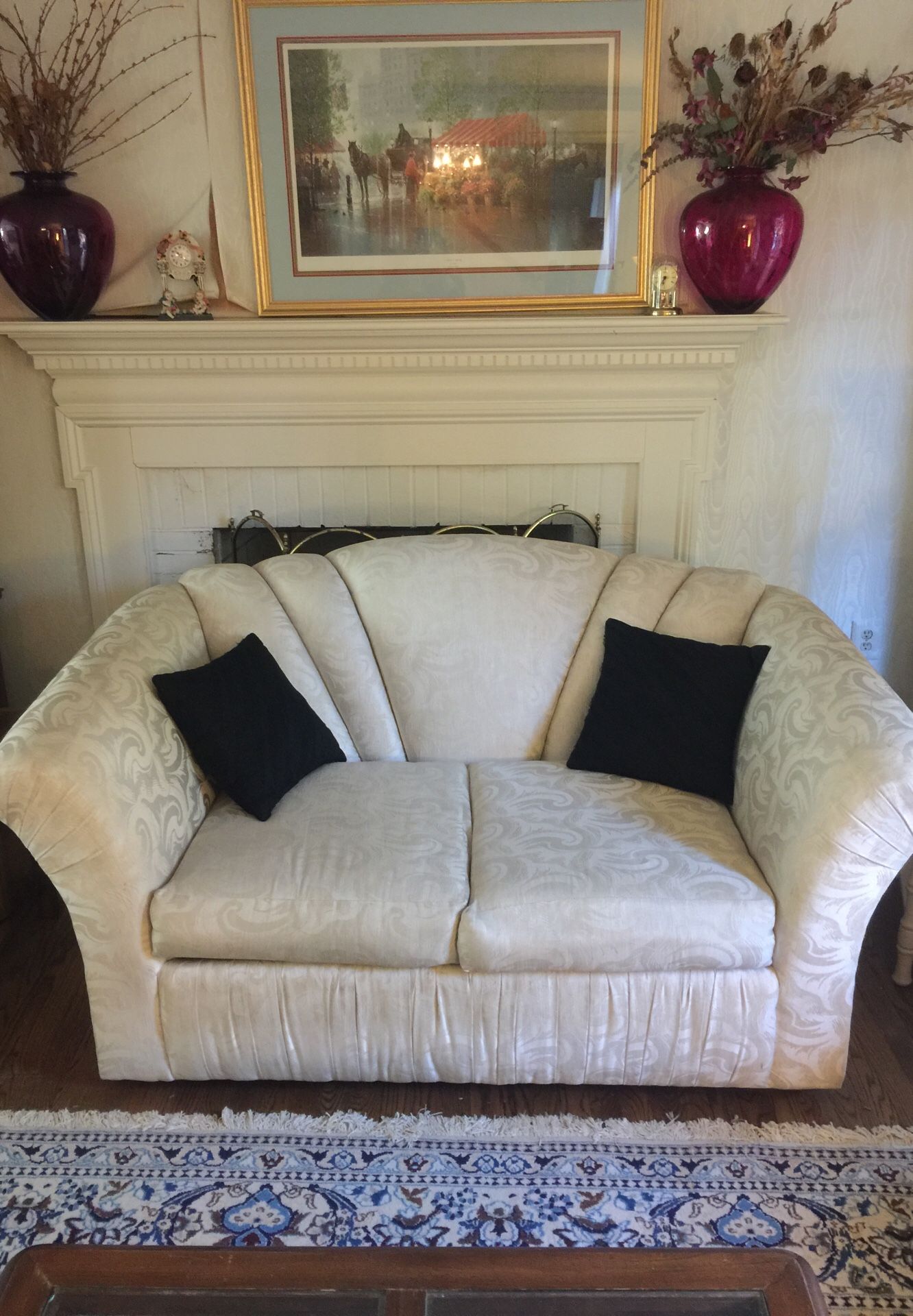 Love seat, very comfortable, needs a little clean up. $120; large couch $250; large coffee table with etched glass $35, smaller side coffee table wit