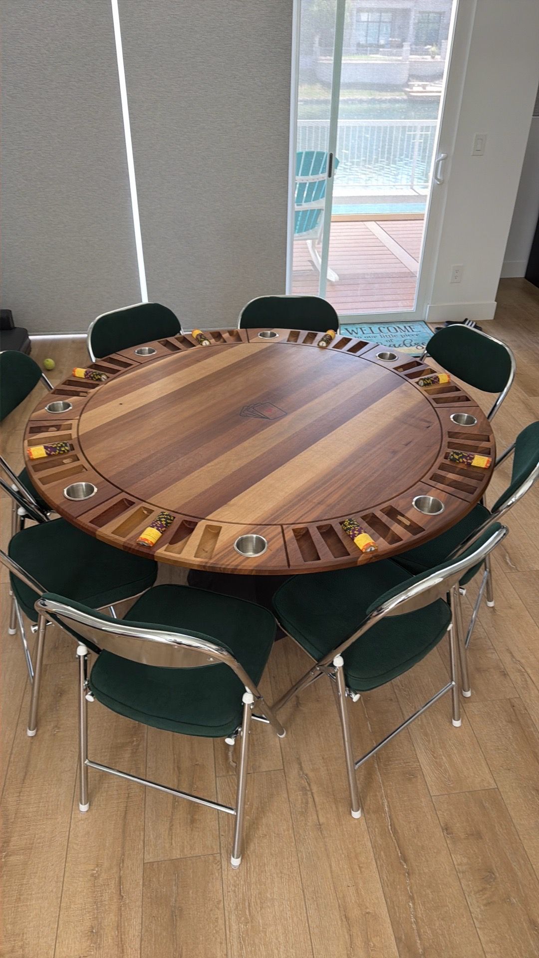 One of a kind!!! Beautiful hand carved wood poker table with four aces inscribed it it!