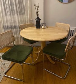 Mid Century Modern Dining Chairs Set of 4, Natural Rattan Dining Chairs with Solid Wood Back & Chrome Base, Upholstered Velvet Fabric, Green