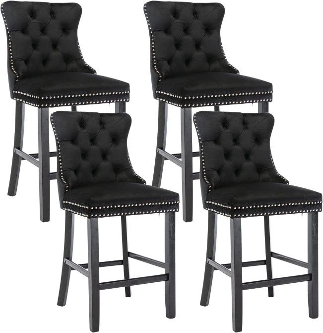 Velvet Bar Stools Set of 4, 27" Counter Height Bar Stools with Button and Nailhead Trim, Upholstered Bar Stool with Back and Wooden Legs, for Kitchen,