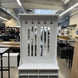 VASAGLE Hallway Cabinet Coat Rack Shoe Storage w/ Hooks Adjustable Shelf Modern - White