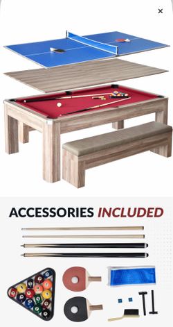 Hathaway Newport Stylish 7 Ft Multi Game Pool Table Combo with Dining Top and Ping Pong – Includes Benches for Home Storage and Accessories
