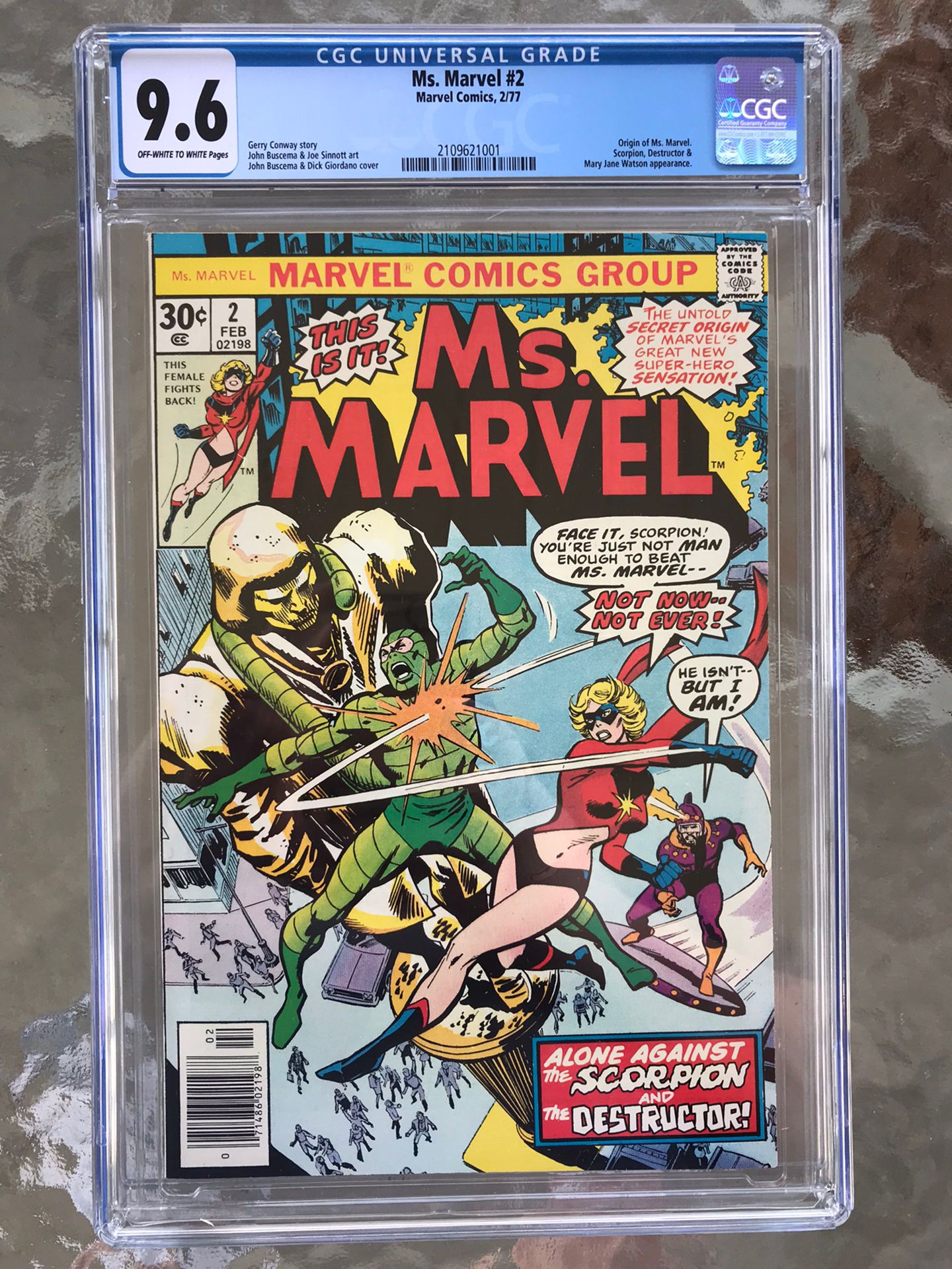 Ms. Marvel #2 (1977) CGC 9.6 —O/w to White Pages; Origin of Ms. Marvel (Danvers)