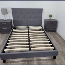 Queen Bed Frame And 2 Nightstands - Nuevo Marco De Cama Queen Y 2 Mesitas De Noche 