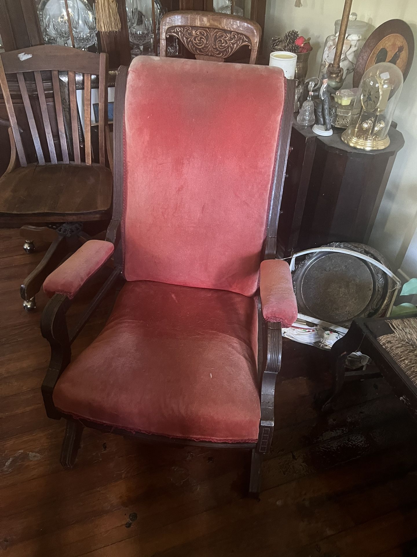 Antique Wood-Framed Armchair with Red Velvet Upholstery