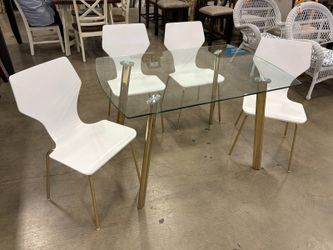 Hollywood Regency Style Glass Top Dining Table with Gold Tone Legs and 4 White Chairs
