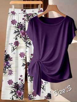 Women's Purple Floral Contrasting Color Lace-up Bow Shirt and Straight Loose Trousers 2pcs Set, Casual Women's Short-sleeved Top Women's 2pcs Set