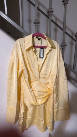 pretty little thing premium satin bell sleeve shirt dress