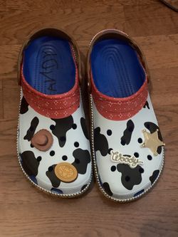 Woody Crocs – Toy Story Disney Pixar Cow Print Clogs w/ Jibbitz Men’s 10/ Women 12
