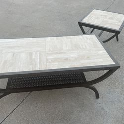 Outdoor Coffee Table With Travertine Top And Wicker Shelf Also Side Table 