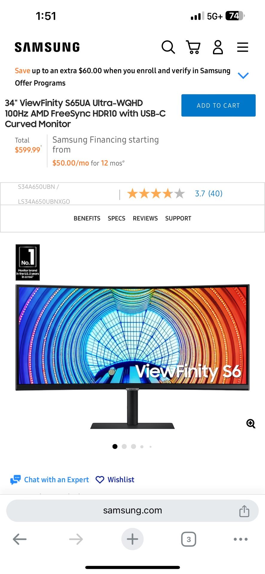 34" ViewFinity S65UA Ultra-WQHD 100Hz AMD FreeSync HDR10 with USB-C Curved Monitor