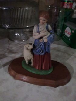 Porcelain Mary and her Lambs statue with stand