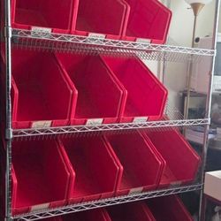 ULINE Magnum Hopper Bin Organizer - 36 x 24 x 72" With 14 Red Bins