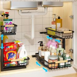 REALINN Under Sink Organizer, 2 Pack Height Adjustable Under Sink Organizers and Storage, 2 Tier Pull Out Drawer Cabinet Storage for Kitchen Bathroom