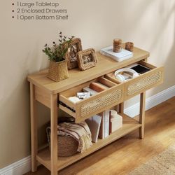 Console Table, Sofa Table, Narrow Entryway Table with 2 Drawers, Open Storage Shelf, Rounded Corners, for Living Room, Boho Style, Oak Beige ULNT016Y5