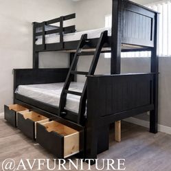 Solid Wood Full Twin Bunk Bed w Drawers and Mmory Foam Mattresses