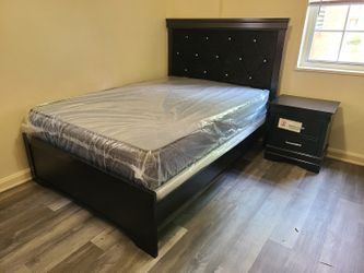 New in box black full or queen bed with 1 night stand and mattress with boxspring