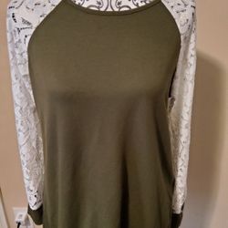 Women Olive Green Mesh Lace Long Sleeve Top Size Small
