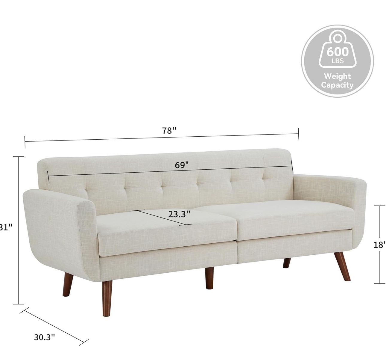 78" W Linen Sofa Couch, Mid Century Modern Decor Loveseat Couches for Living Room, Button Tufted Upholstered Small Couch for Bedroom, Solid, and Easy