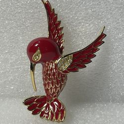 11198 Red Enamel Gold Tone Hummingbird Brooch Pin