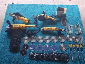 4-DEWALT ANGLE GRINDERS,  TORNADO BLADES, DEWALT DRILL BITS, 16' GIRT BLADES, MAKITA BITS, ETC....
