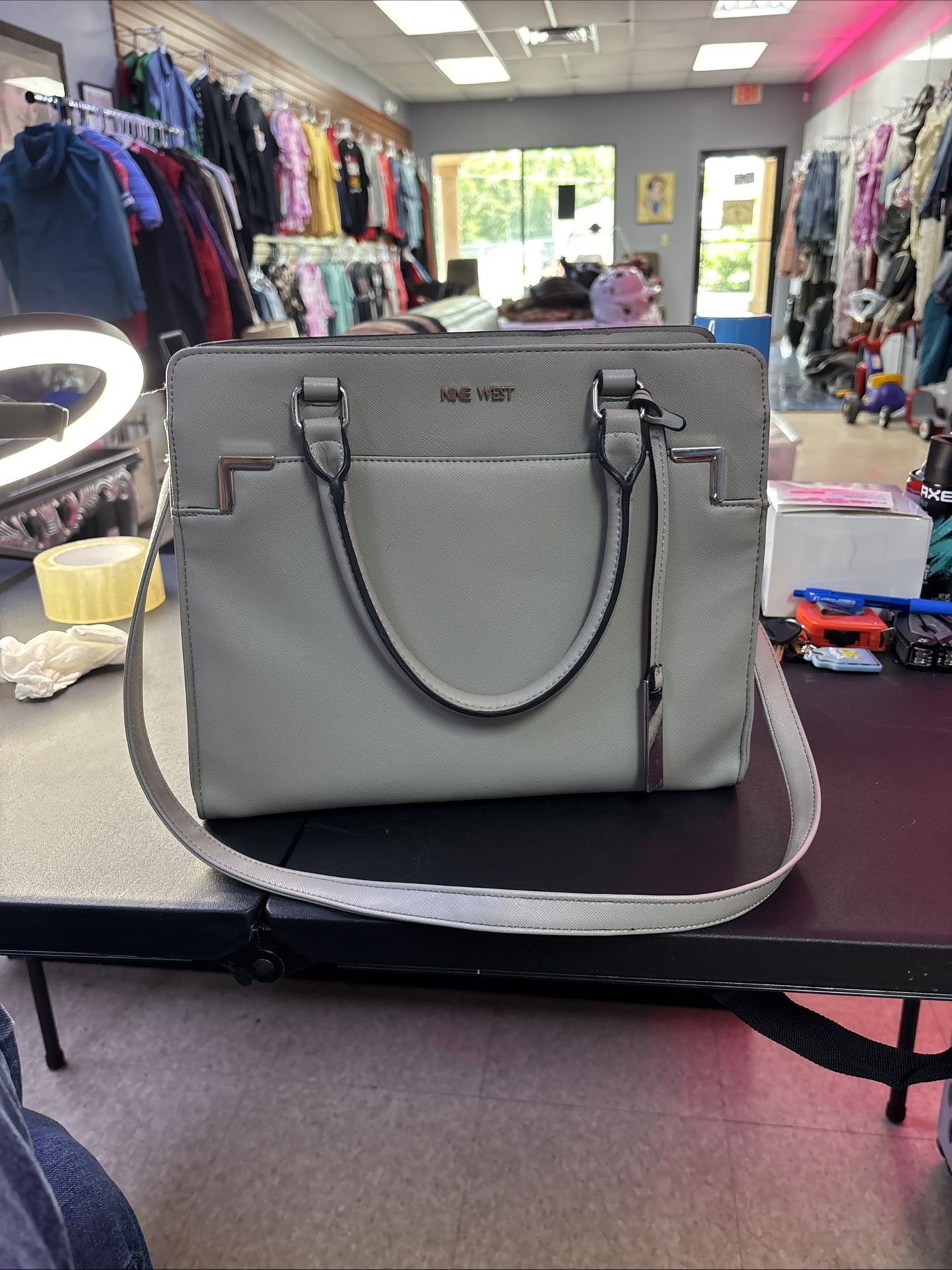 Nine West Beige Canvas Tote with Handles and Strap, Silver Embellishments