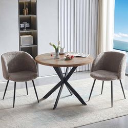 3 Piece Dining Table and Chair Set, 37-Inch Engineered Wood Round Table Set, Light Brown Fuzzy Sherpa Armchairs with Black Metal Leg for 