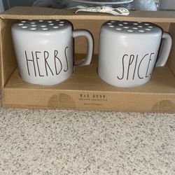 New Rae Dunn HERBS and SPICES Gray Shaker Set By Magenta Artisan Brown letters
