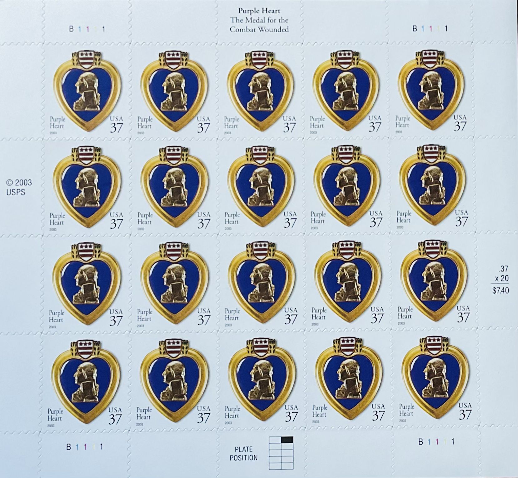 SCOTT#3784 PANE OF 20 PURPLE HEART STAMPS MNH-2003