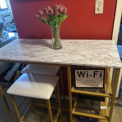 3-Piece Bar Table & Stools Set – White Marble & Gold