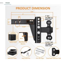 Adjustable Trailer Hitch -Drop Hitch-Tow Hitch with 2.5 inch Receiver-6inch Drop/Rise, 2" & 2-5/16" Ball Hitches for Trucks